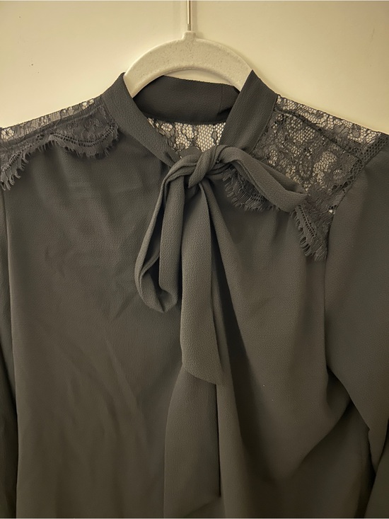Tops - Tie-Neck Lace Shoulder Blouse - Gray